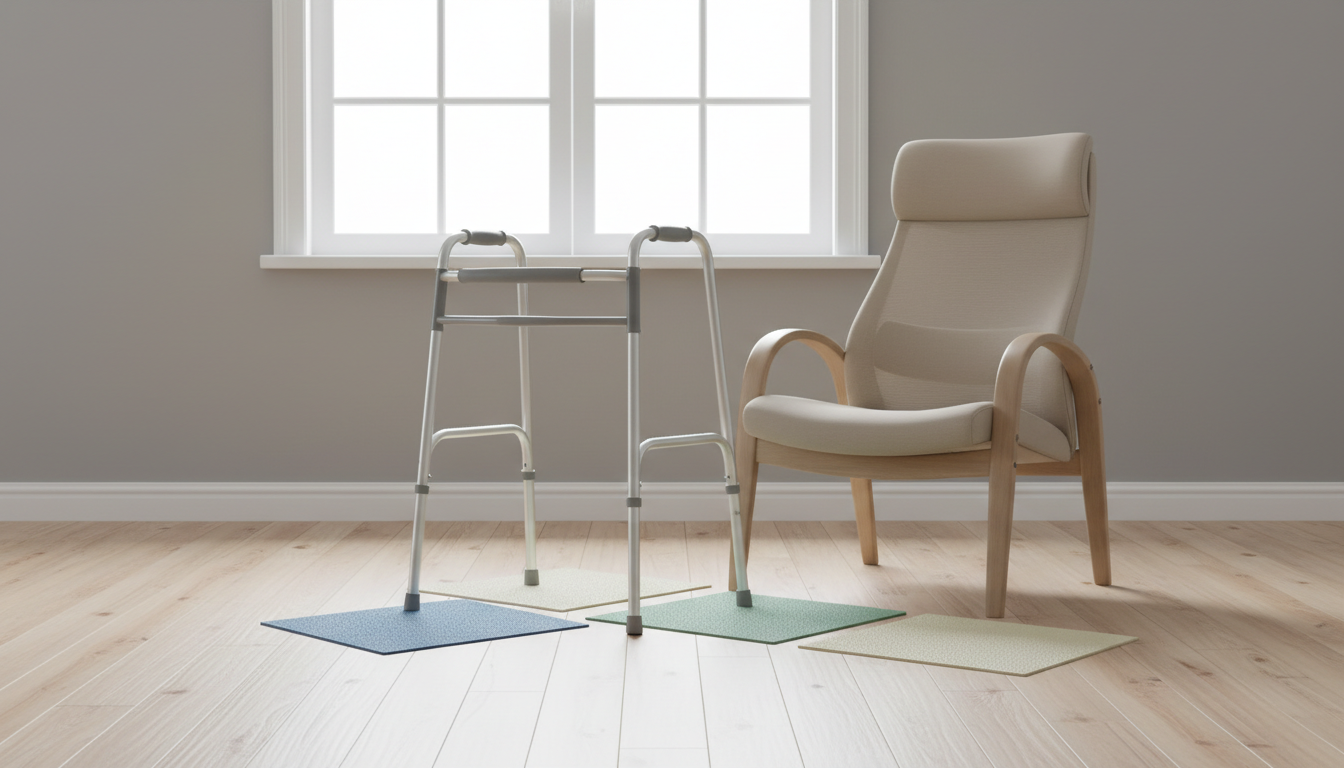 A meticulously arranged collection of modern assistive devices—such as a sleek, brushed aluminum walker, a neutral-toned ergonomic chair, and a set of soft-colored, textured non-slip mats—neatly positioned on a clean, light hardwood floor in a tastefully minimalist living space. The walls are painted in soft gray with white baseboards, and a large picture window lets in diffused natural daylight, casting gentle, defined shadows while maintaining an even, professional ambiance. Captured from an eye-level, centered angle with sharp focus and balanced composition, the image feels calm, structured, and reassuring. The overall aesthetic embodies photographic realism with clean lines and a corporate, trustworthy atmosphere, supporting the message of elder safety and care in home environments.